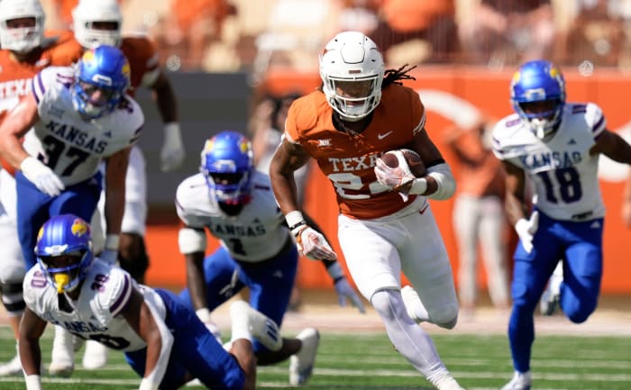 Texas Longhorns running back Jonathon Brooks makes a long run against the Kansas Jayhawks in the second quarter at Royal-Memorial Stadium on Saturday September 30, 2023